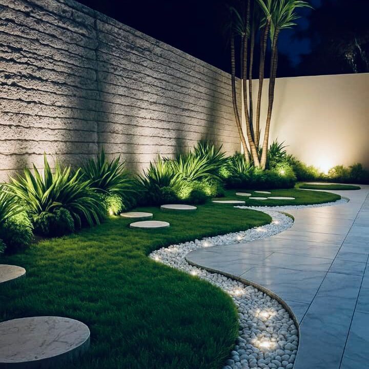 Laman cantik dengan rumput mutiara dengan lampu solar serta batu hiasan